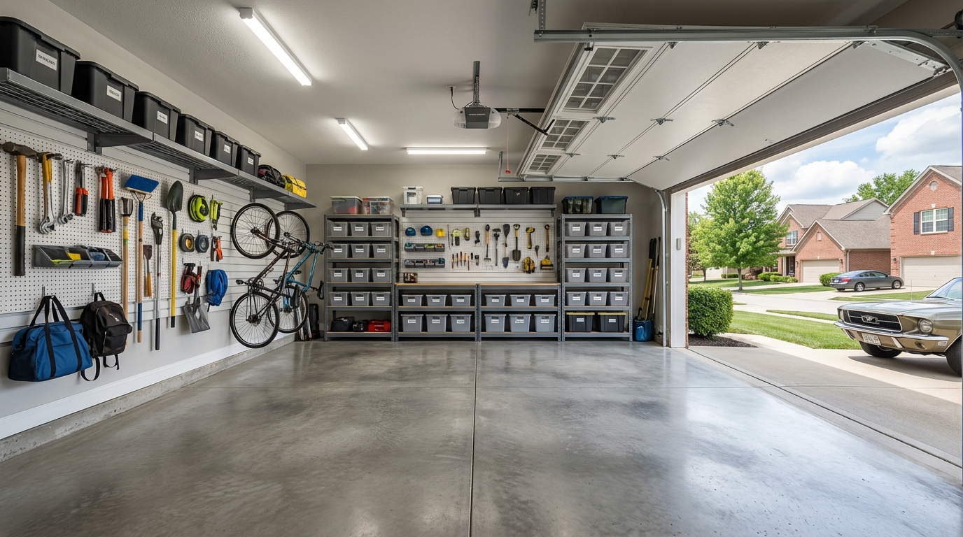 A clean organized garage after a professional cleanout in Dayton Ohio